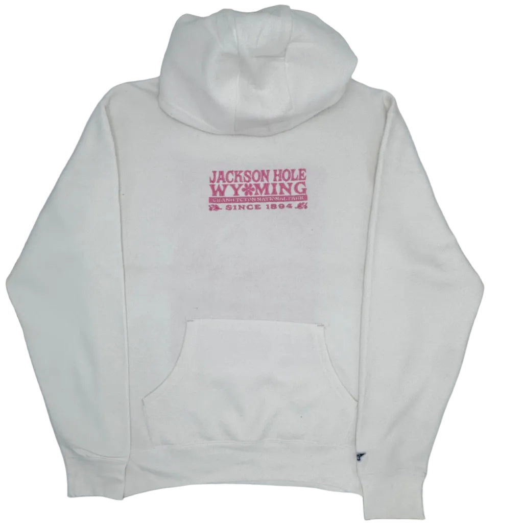 White hoodie with red text on a white background