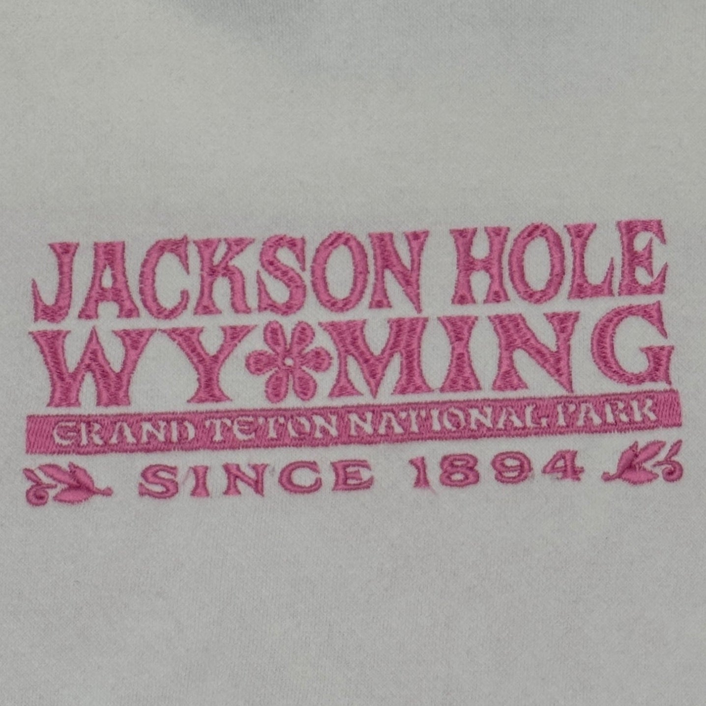 Light gray hoodie with 'Jackson Hole Wyoming' text in red on a white background