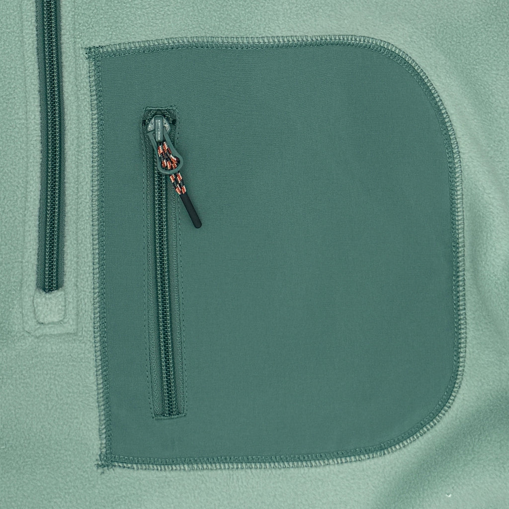 Green fleece pullover with a pocket and zipper on a white background