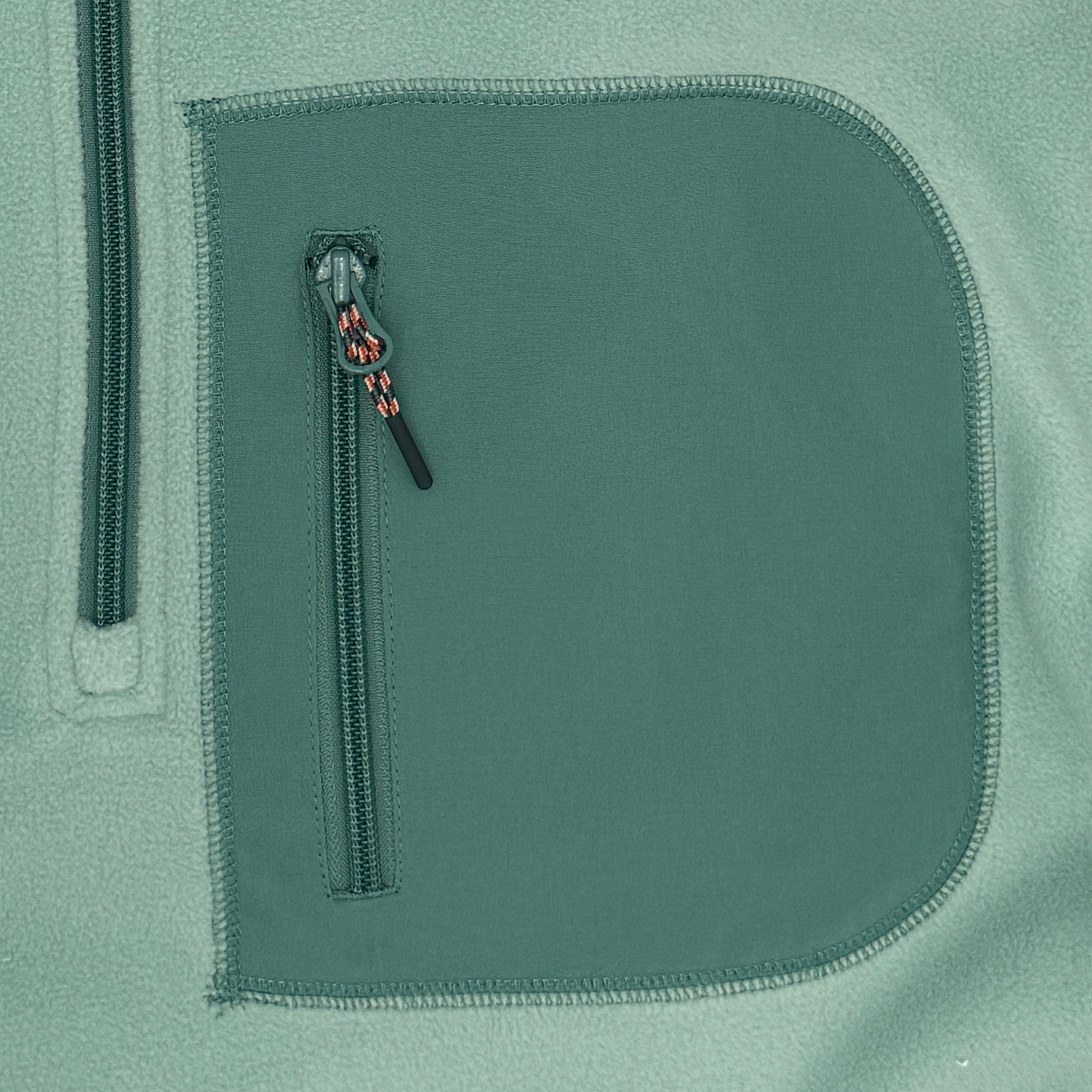 Green fleece pullover with a pocket and zipper on a white background